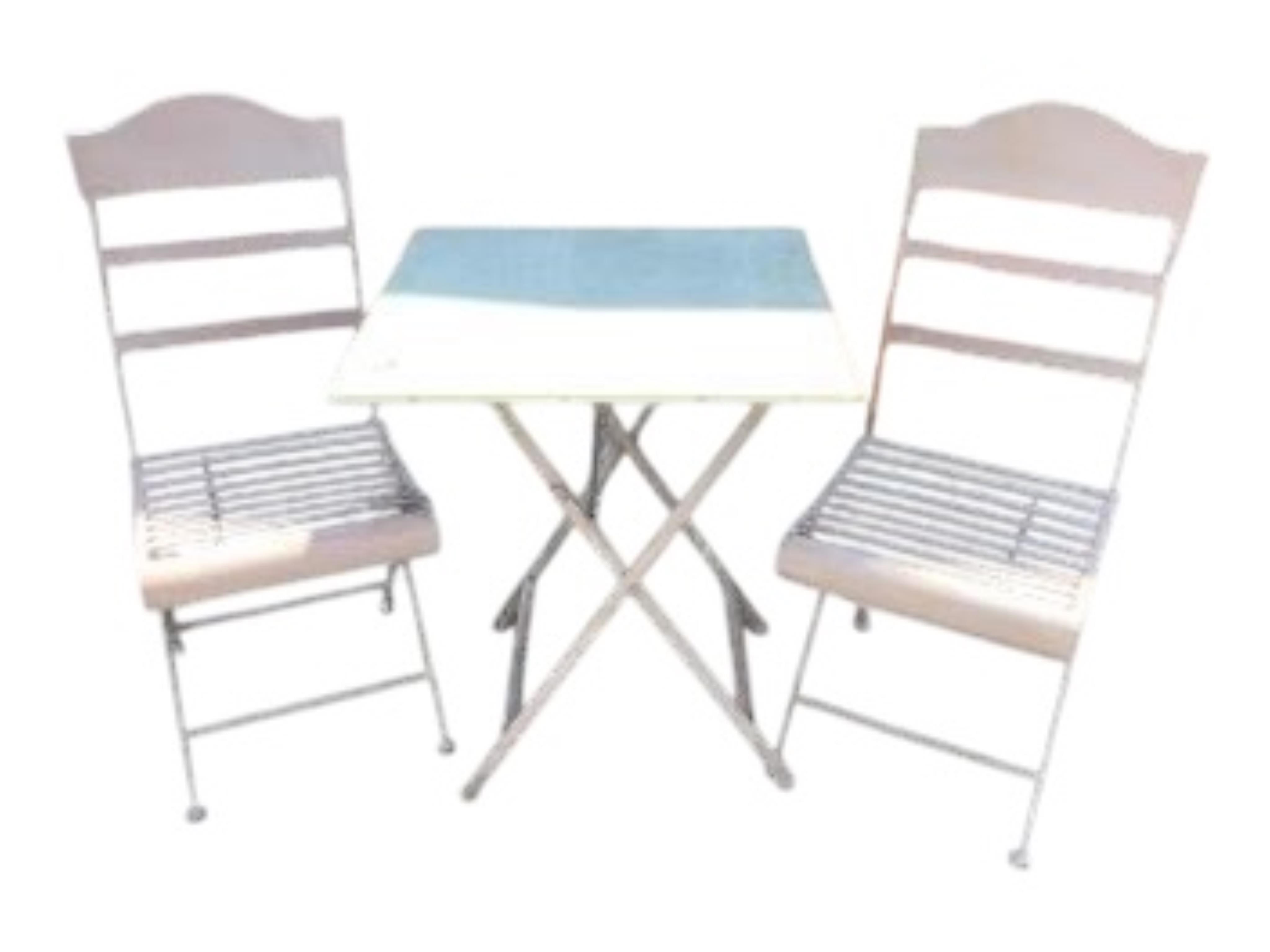 A zinc topped painted metal square folding garden table, 60cm, height 72cm and two chairs